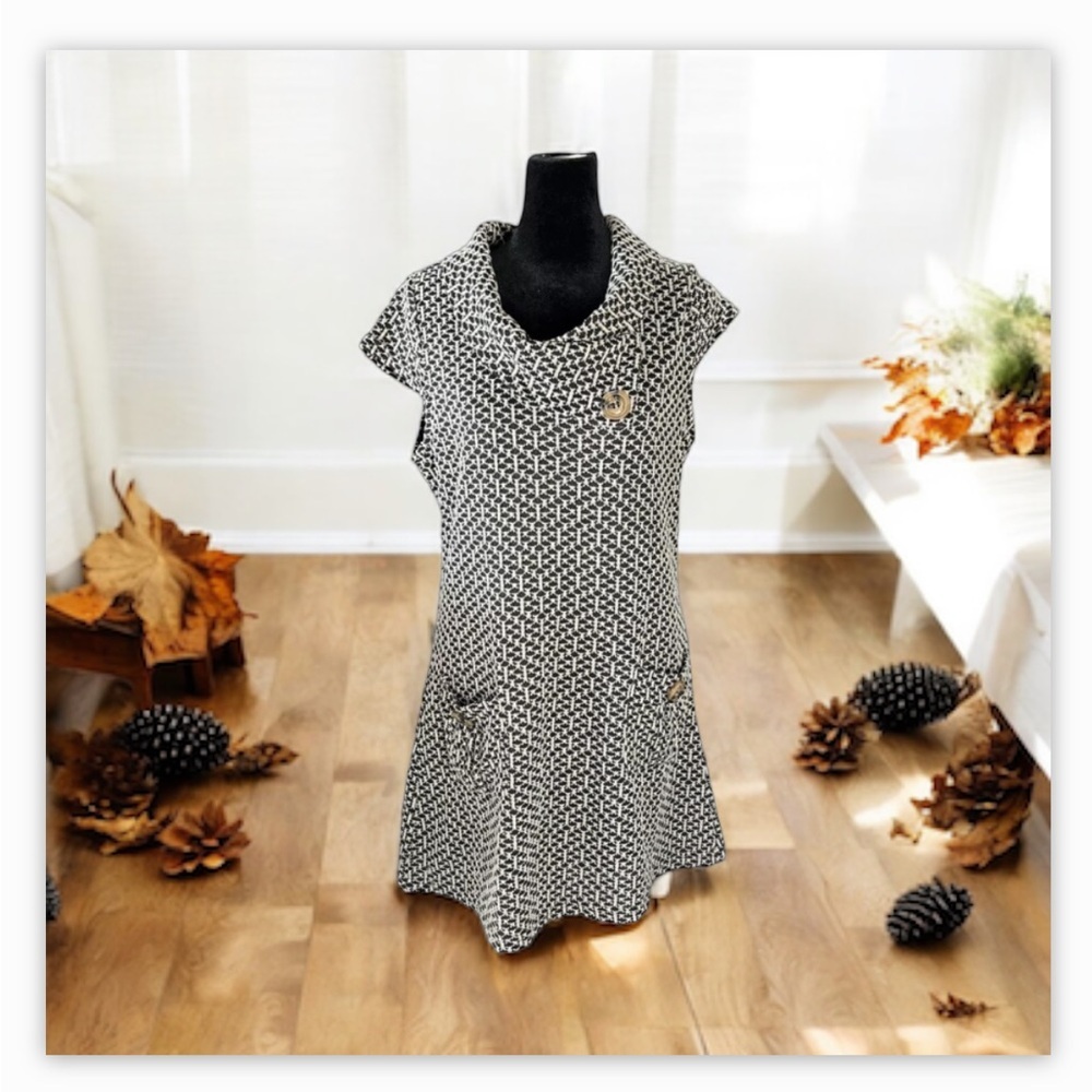 Papillon White /BLK Jacquard Tunic Dress -EUC-Sz-L -pockets-layer- lagenlook - Picture 3 of 13